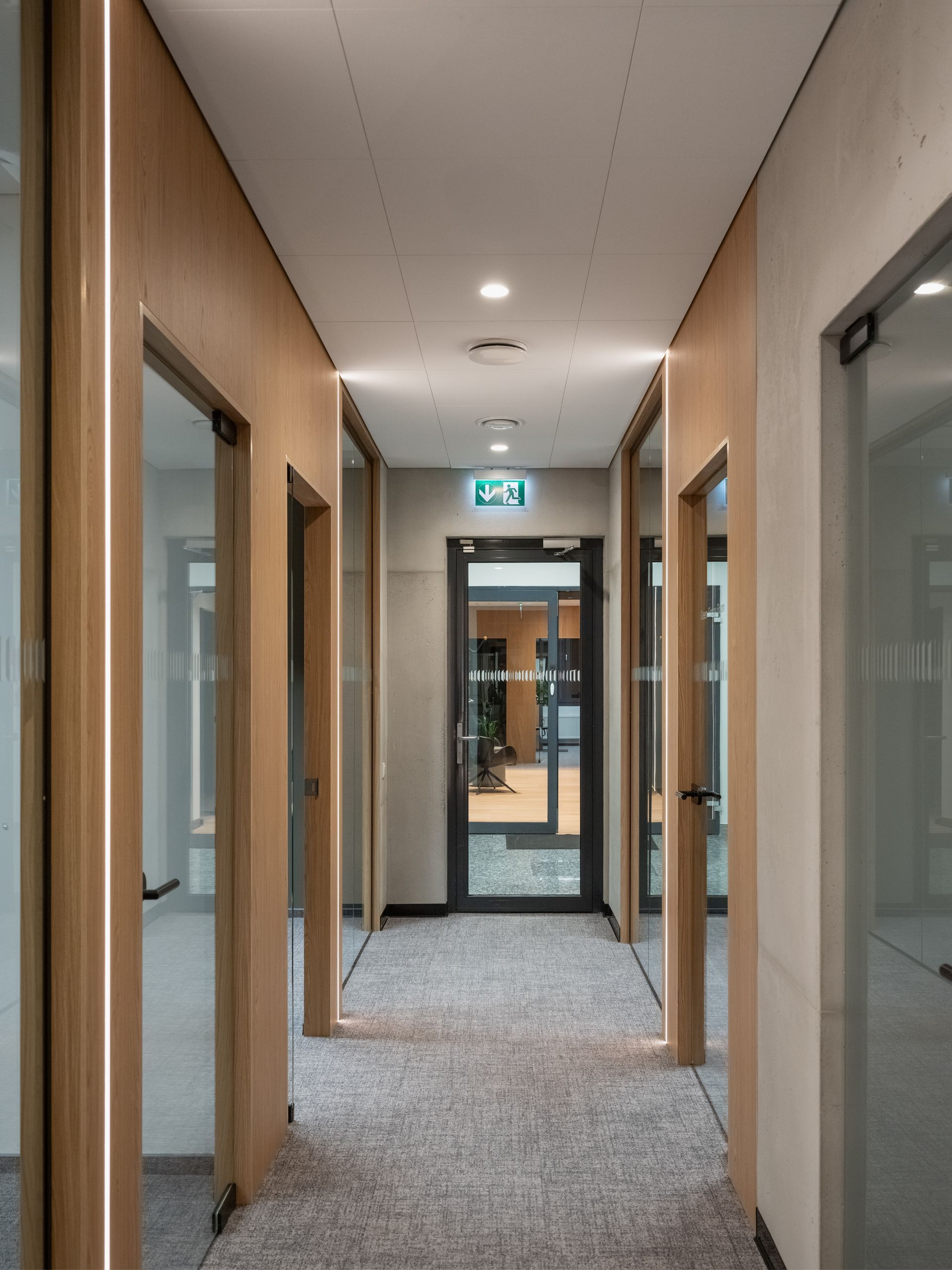 Ilgas koridorius su stiklinėmis durimis ir medinėmis sienomis