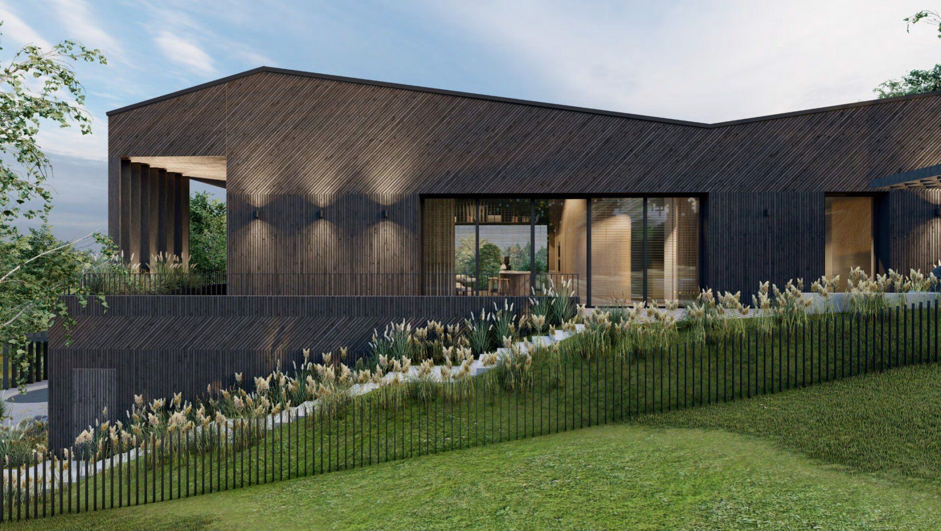 Menininko įsivaizdavimas apie modernų namą su tvora aplink jį.