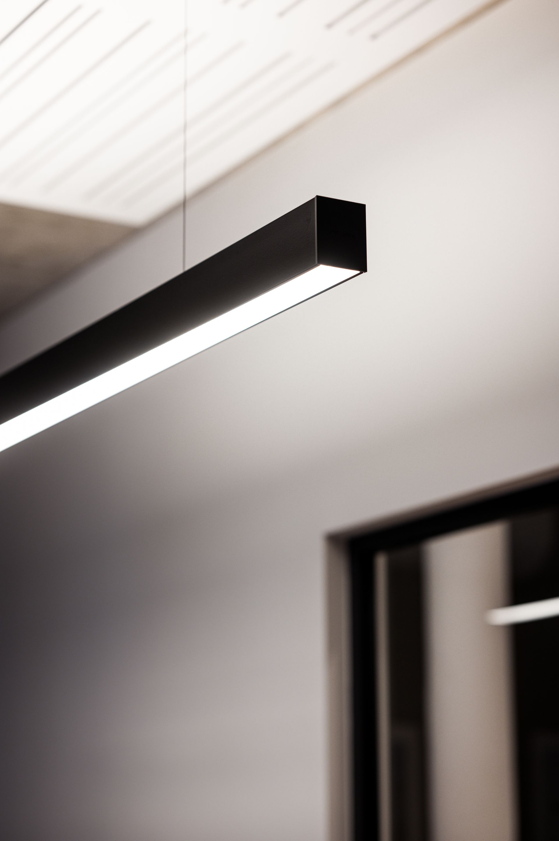 Kambaryje nuo lubų kabo juodas šviestuvas.