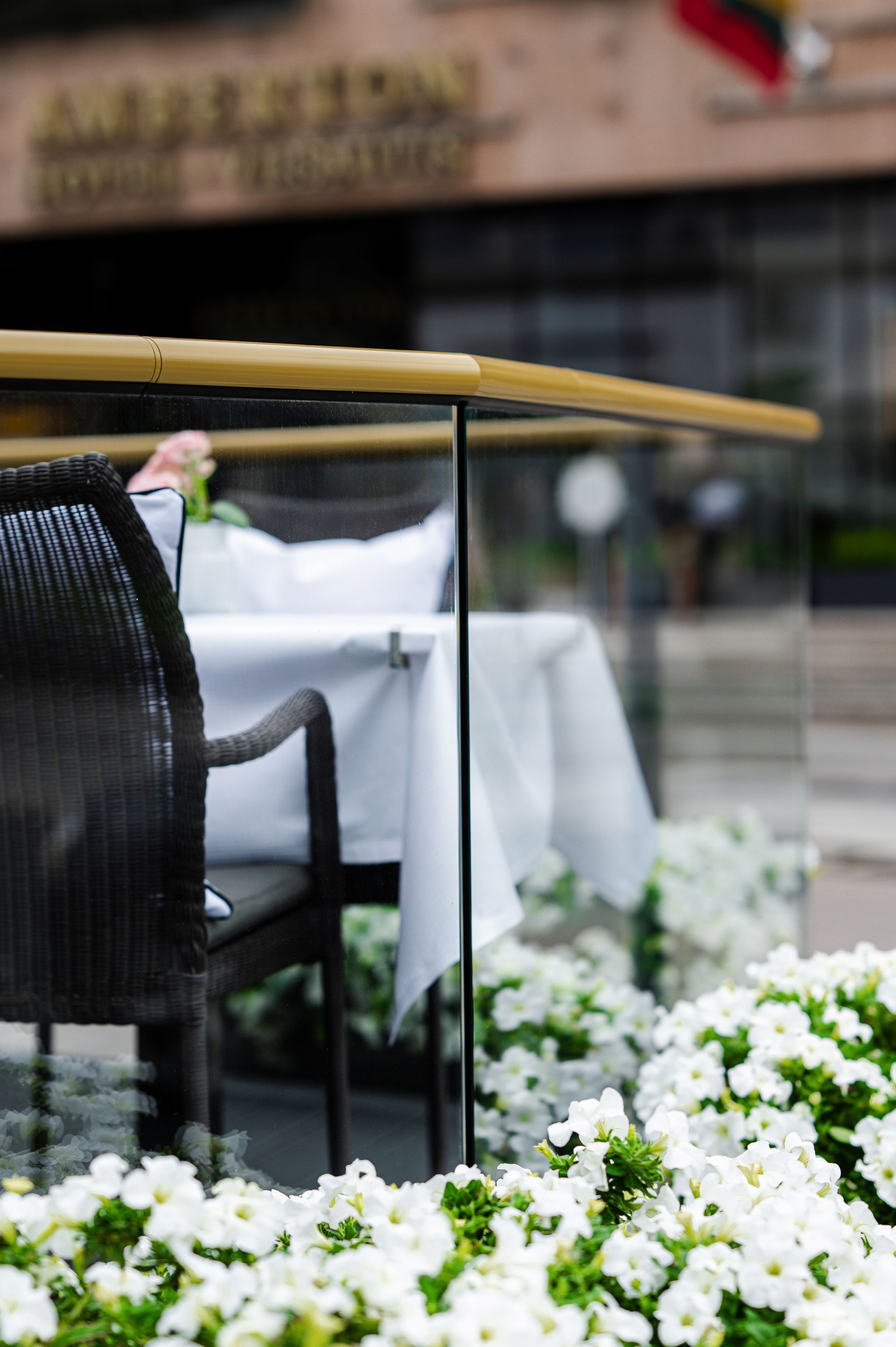 Stalas su balta staltiese yra apsuptas baltų gėlių