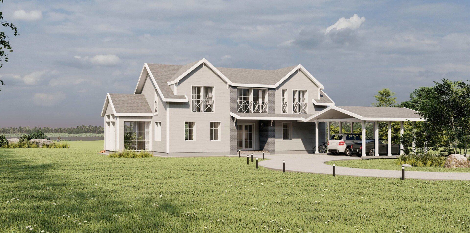 Didelis baltas namas stovi ant vešlaus žalio lauko.