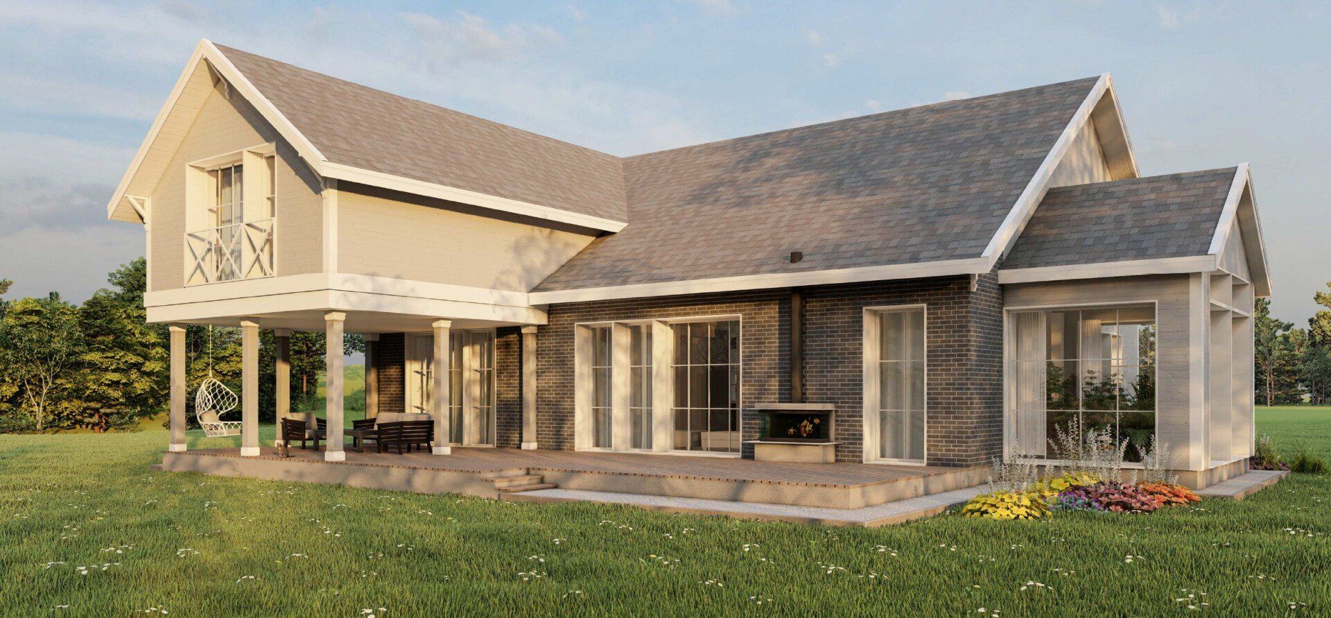 Didelis namas stovi ant vešlaus žalio lauko.