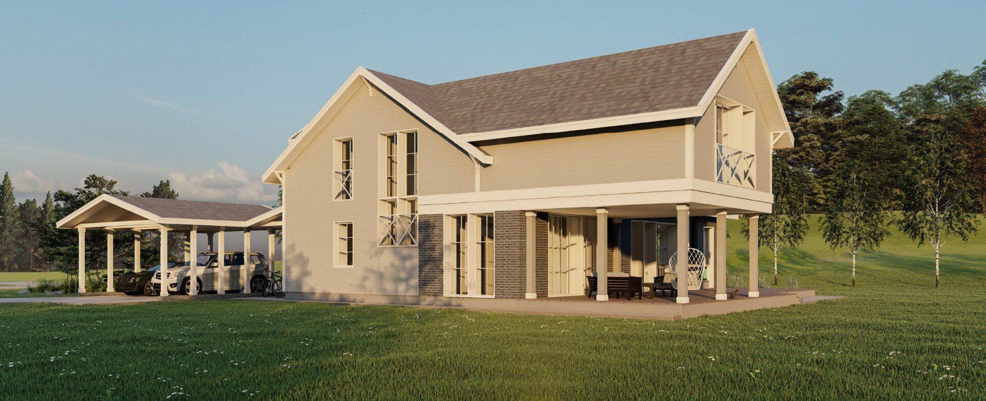 Didelis namas su veranda stovi ant vešlaus žalio lauko.