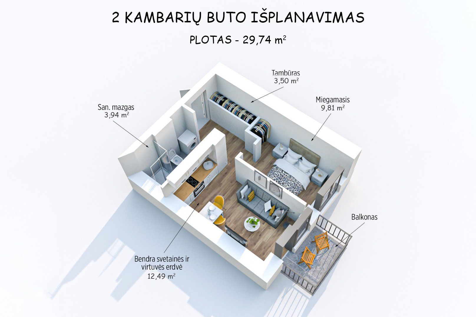 Mažo buto su balkonu 3D planas.