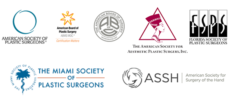 Assortment of professional medical organization logos, including plastic surgery and hand surgery societies.