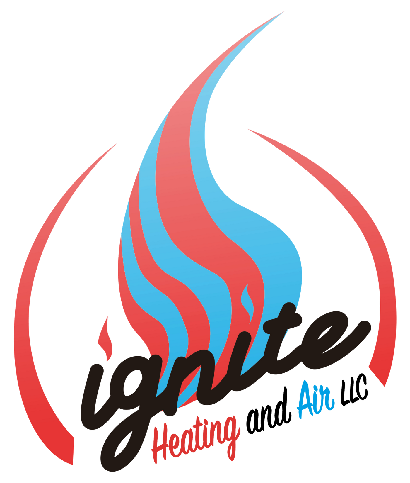 Ignite Heating and Air LLC logo with red and blue flame and black script text