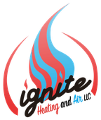 Ignite Heating and Air LLC logo with red and blue flame and black script text