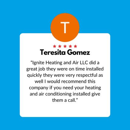 Terisita Gomez testimonial card with orange T logo and five red stars praising heating and air conditioning service
