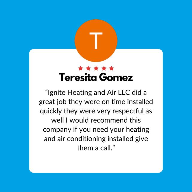Terisita Gomez testimonial card with orange T logo and five red stars praising heating and air conditioning service