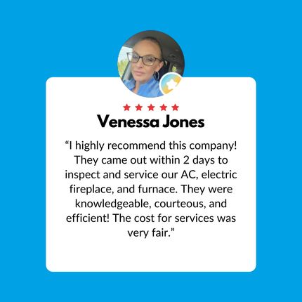 Customer review card with Vanessa Jones, five red stars, and testimonial text on a blue background.