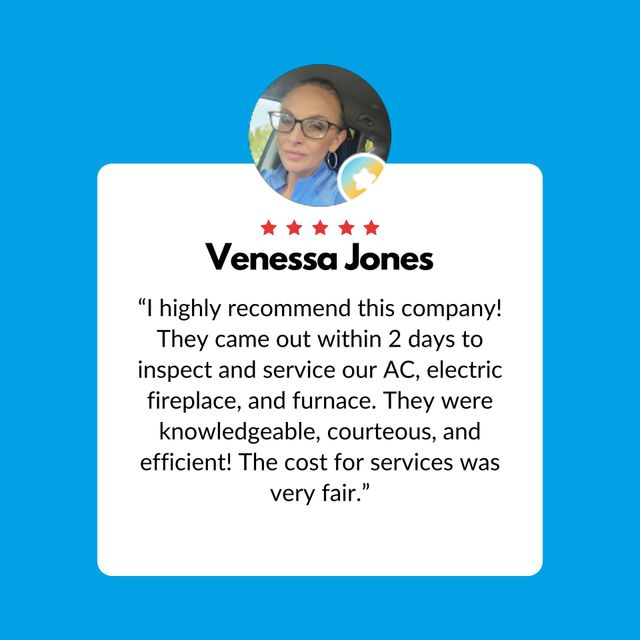 Customer review card with Vanessa Jones, five red stars, and testimonial text on a blue background.