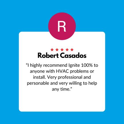 Review card for Robert Casados with five stars and a recommendation quote on a blue background