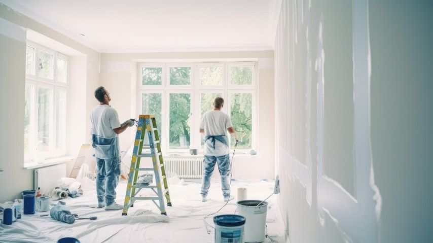 Two painters working in a bright room with white walls and windows, one on a ladder, painting supplies nearby