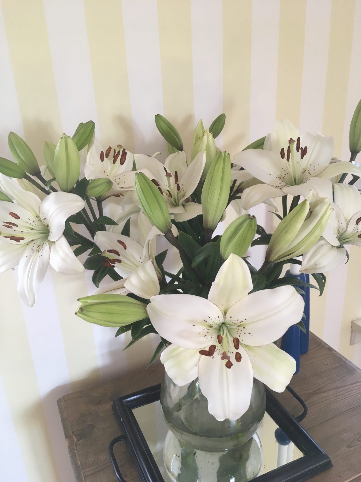 En vase fyldt med hvide blomster står på et bord