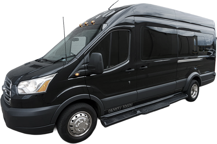 Black party bus. Shows the side of a black party bus with tinted windows.