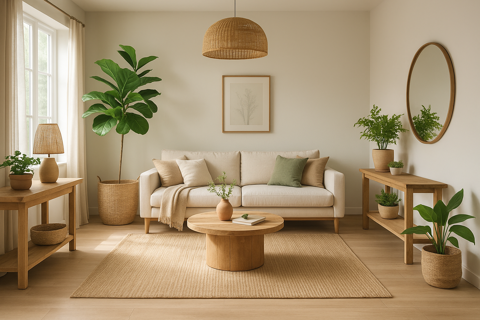 Eco-friendly living room design featuring natural wood furniture, indoor plants, and sustainable dec