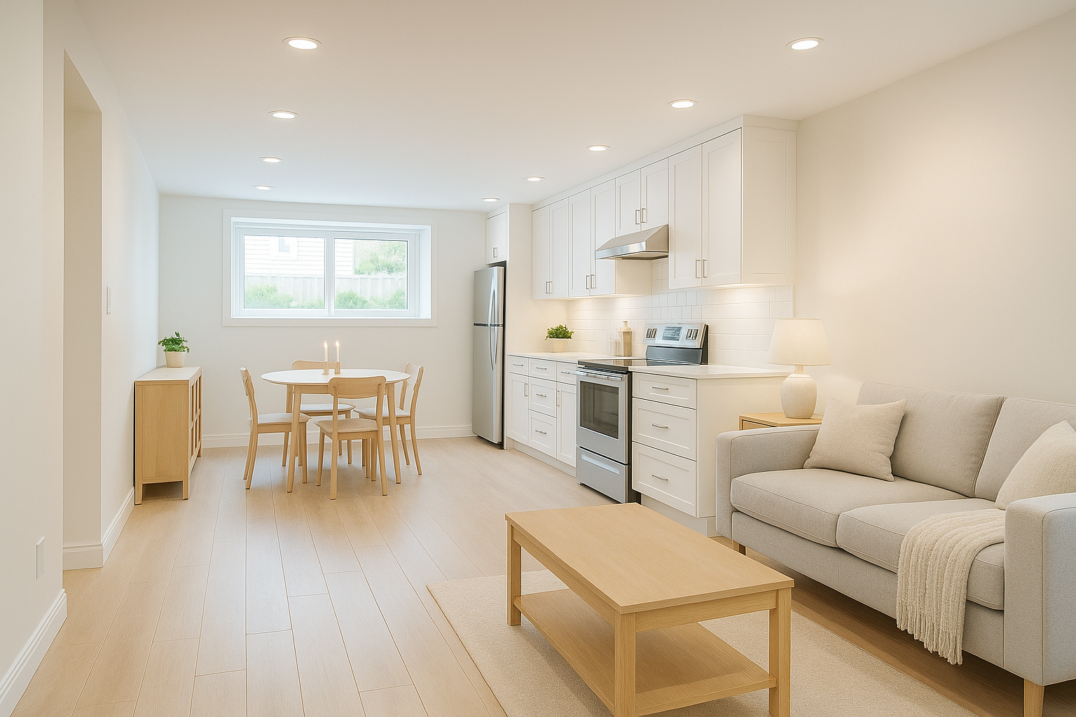 Bright and modern legal basement apartment design with kitchen and egress window in Ontario