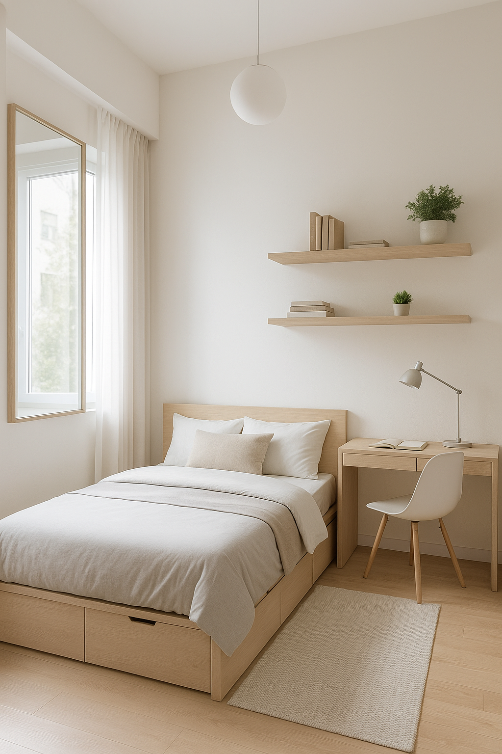 Minimalist small bedroom design with natural wood furniture, built-in desk, and soft neutral decor.