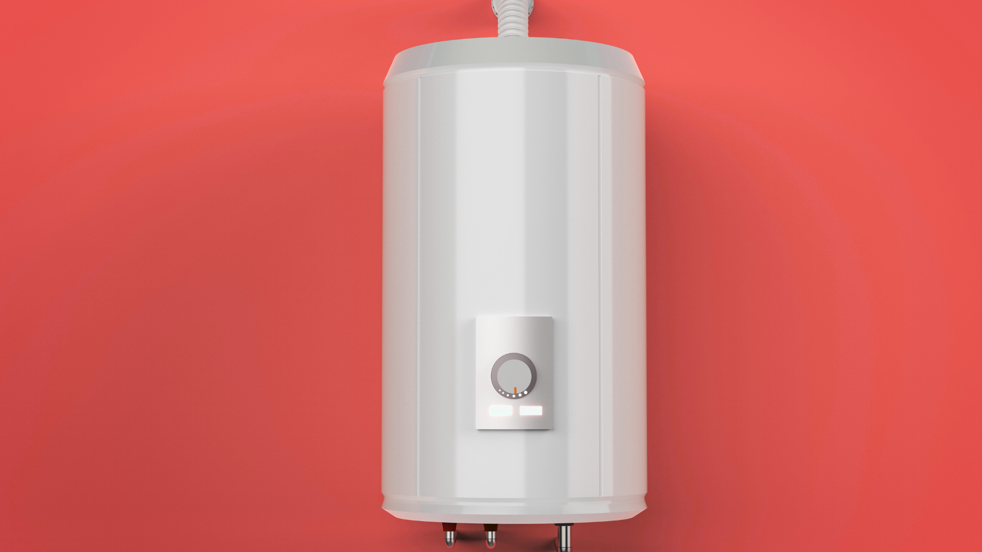 A white water heater is sitting on a red wall.