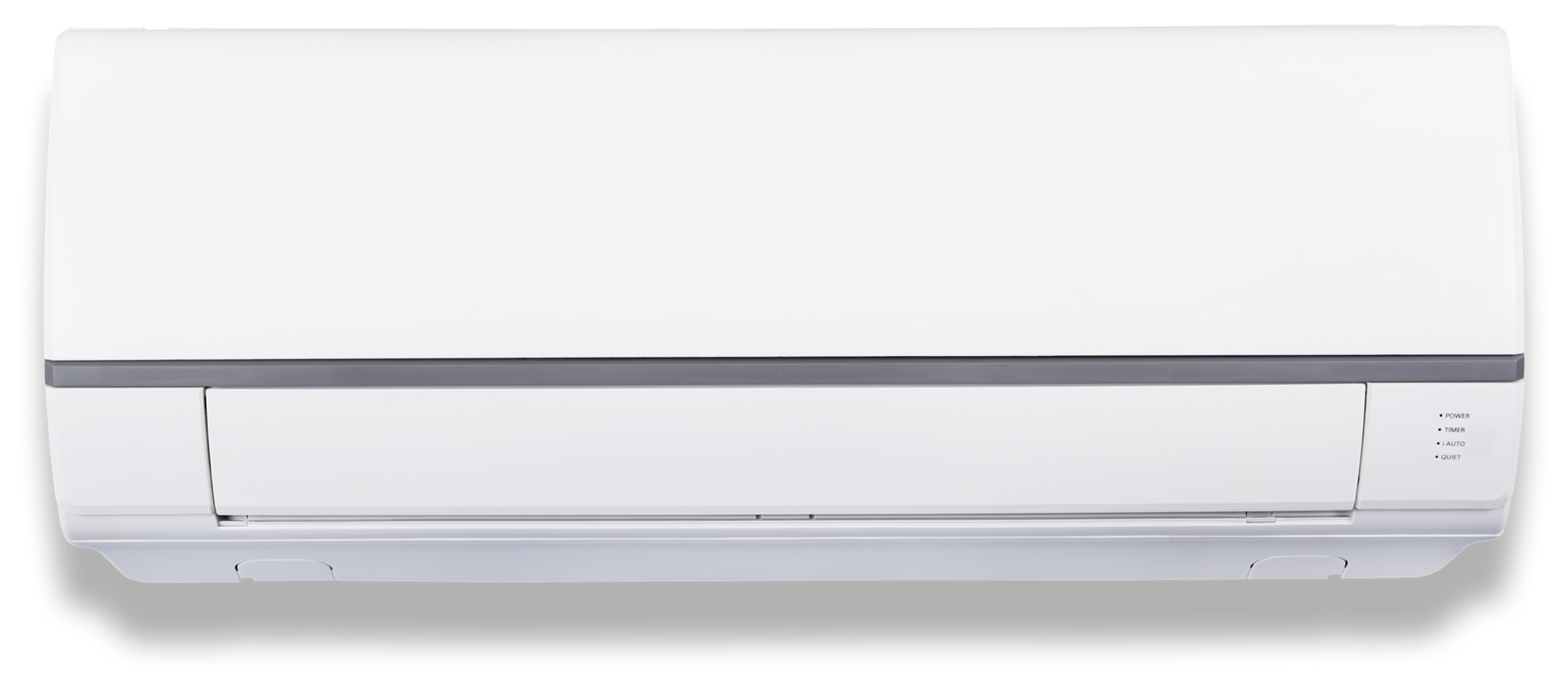 White wall-mounted air conditioner with a gray stripe.