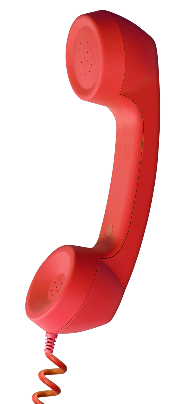 Red telephone handset with coiled cord.
