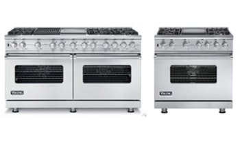 Two stainless steel ovens are sitting next to each other on a white background.