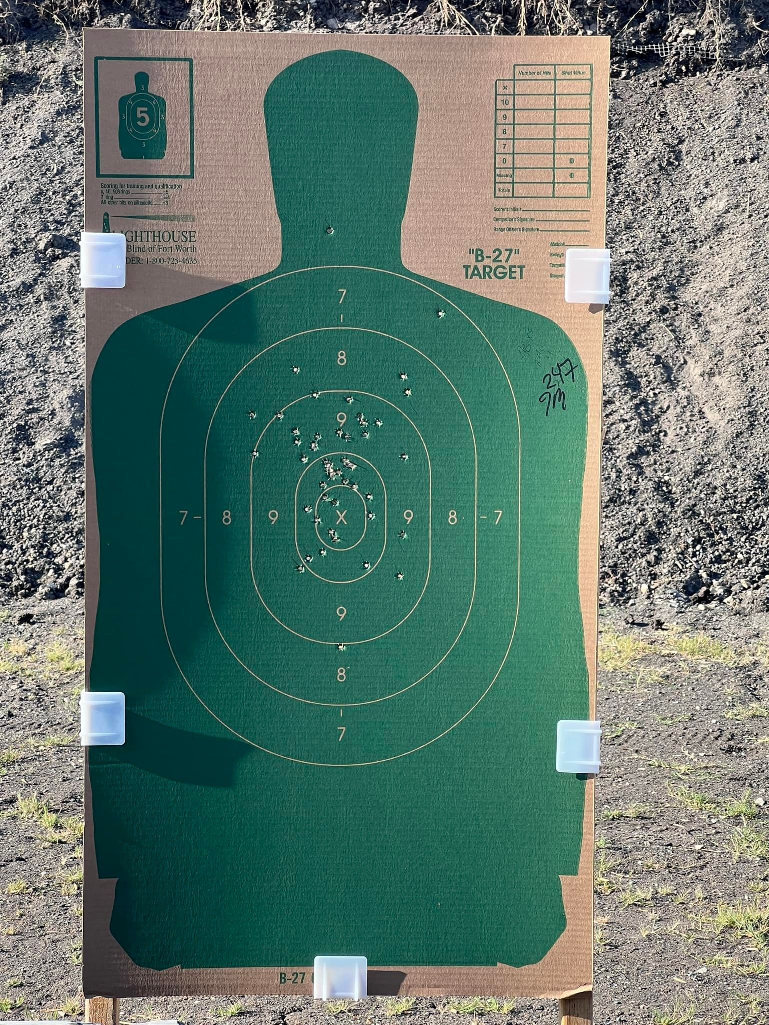 Green silhouette shooting target with numerous bullet holes, attached to cardboard.