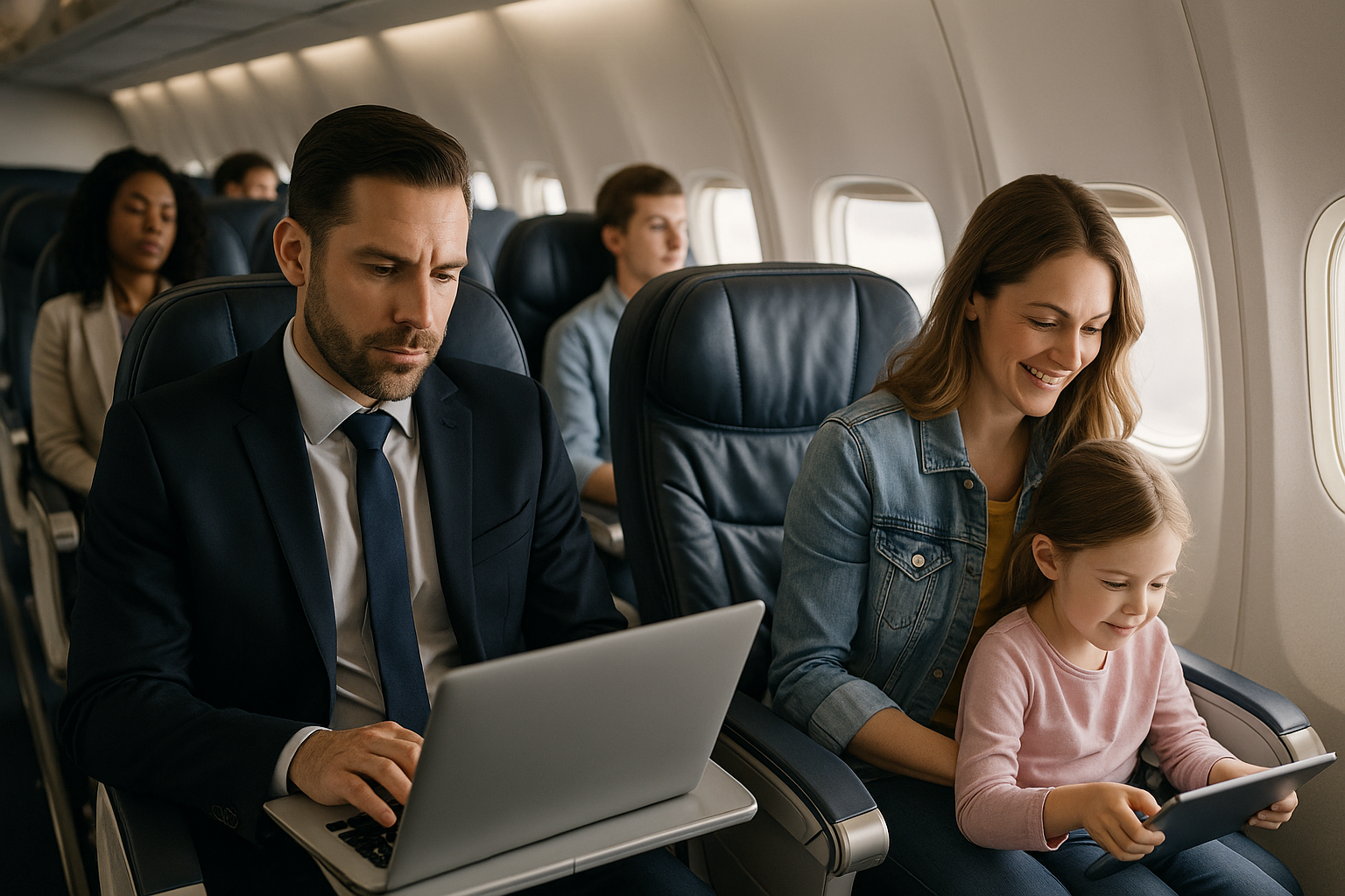 Business, leisure and family passengers seated together on a flight.