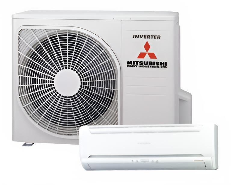 A Mitsubishi Air Conditioner is Sitting Next to a Fan — Reilly Electrical Services in Yandina, QLD