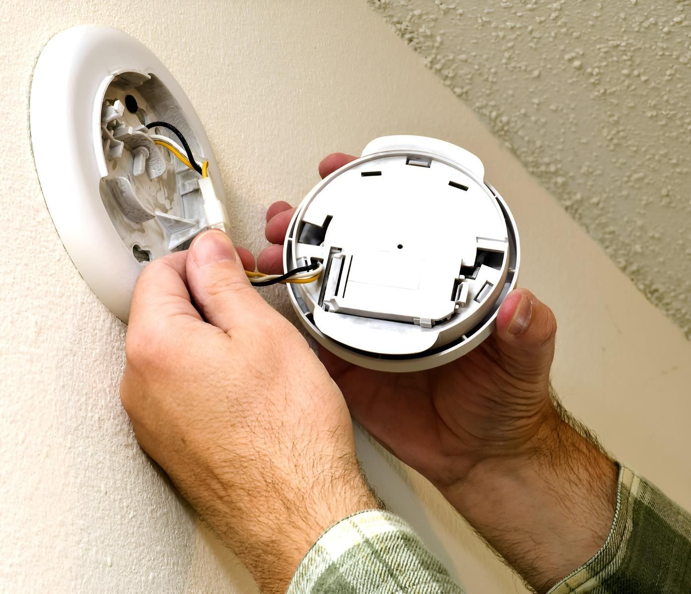 A Person is Installing a Smoke Detector on a Wall — Reilly Electrical Services in Nambour, QLD
