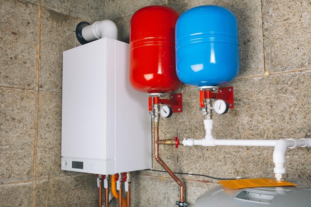 White Water Heater With Red and Blue Expansion Tanks — David McNeill Plumma (Gas Specialist) In Cessnock, NSW