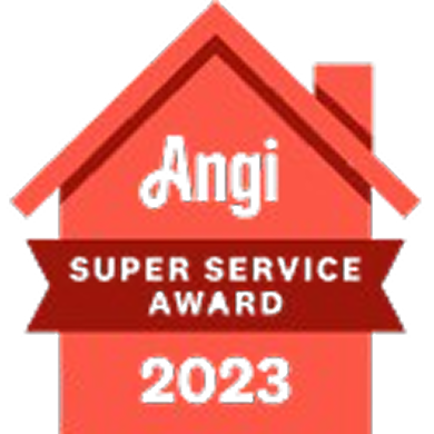 A red house with a red ribbon that says `` angi super service award ''.