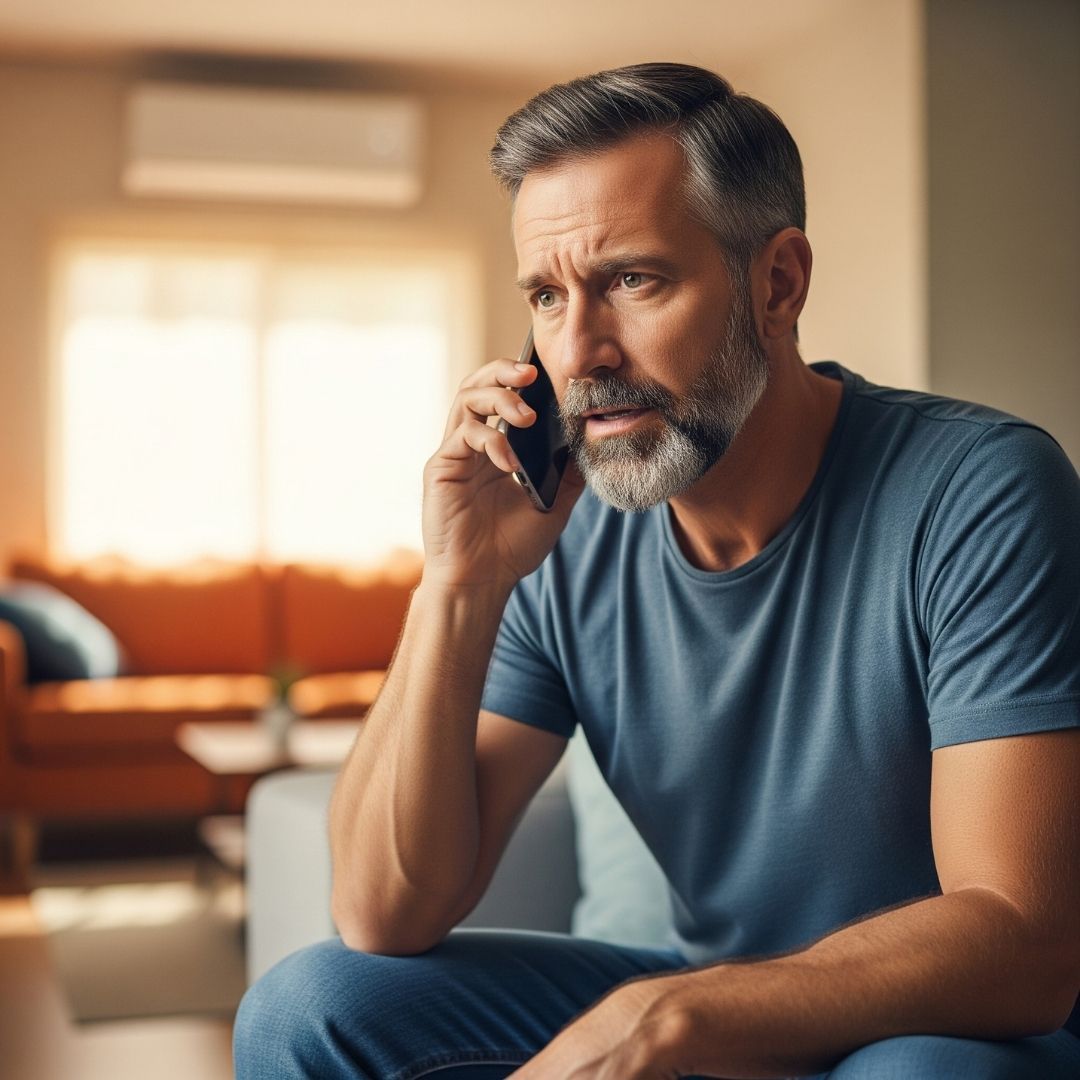 Man on the phone, looking concerned. He has grey hair and beard, wearing a blue shirt. Interior setting.