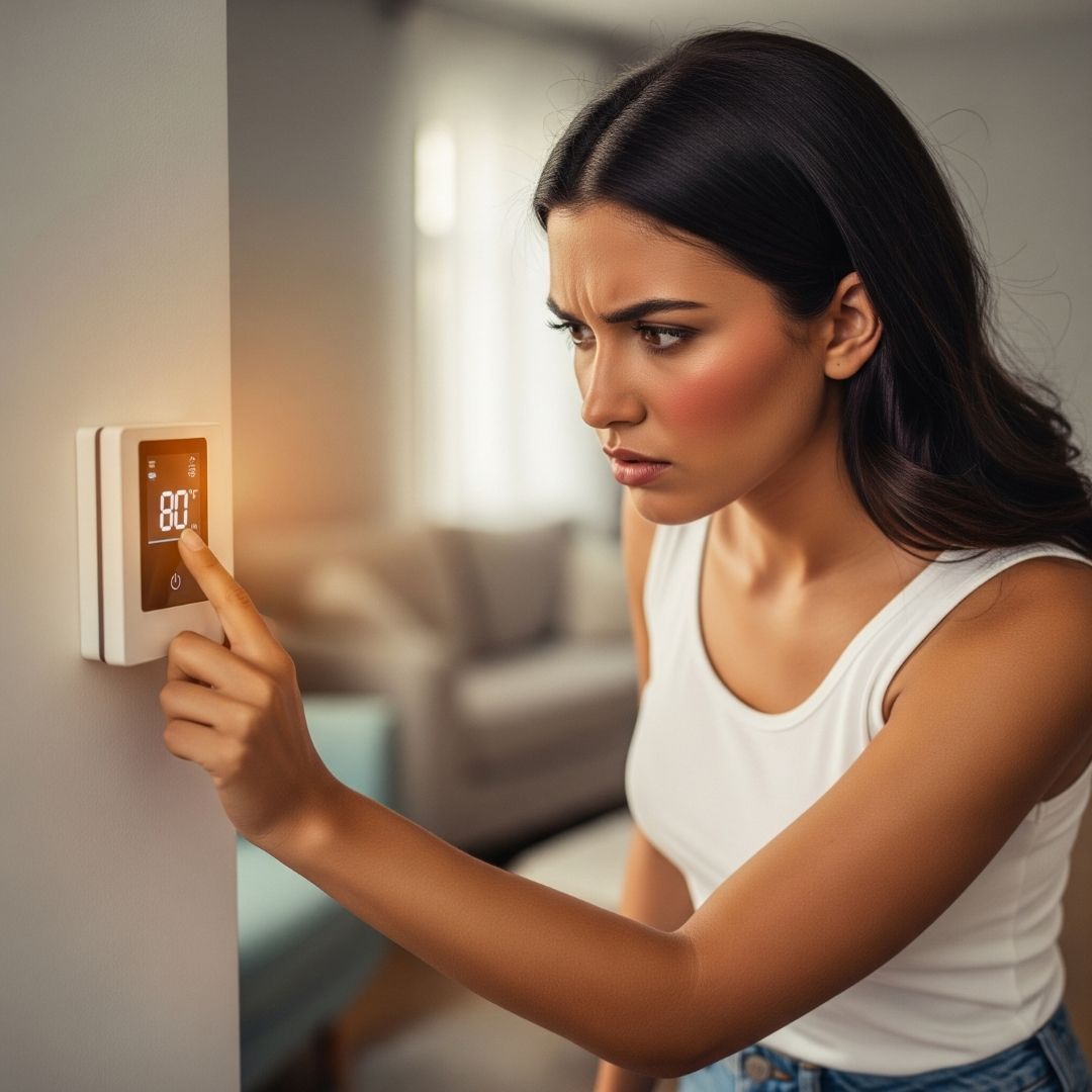 Woman adjusting thermostat; indoor setting. She's pointing at the screen, and her expression suggests she is concerned.