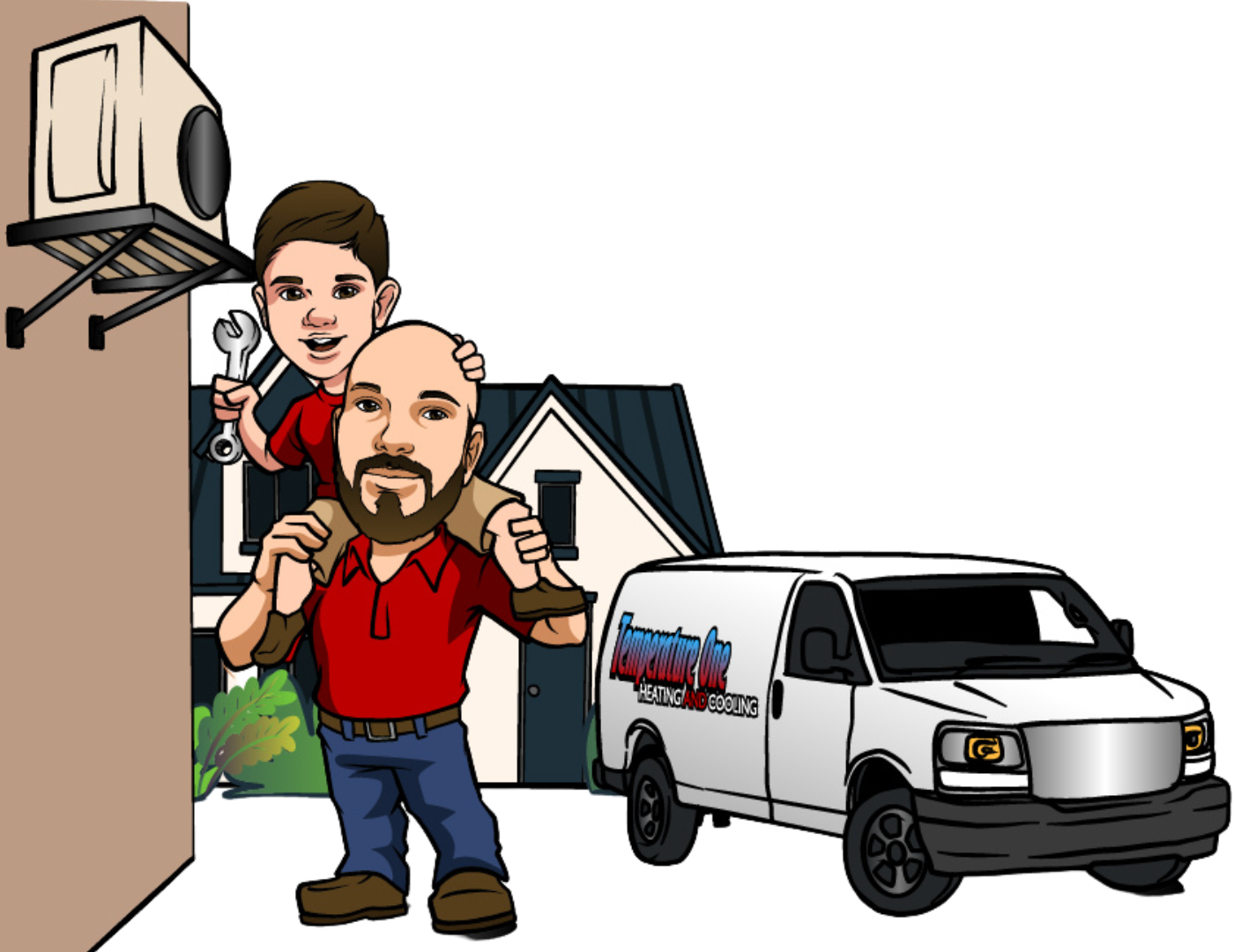 Man carrying another on shoulders near a white van, and a house. An air conditioner is being worked on.