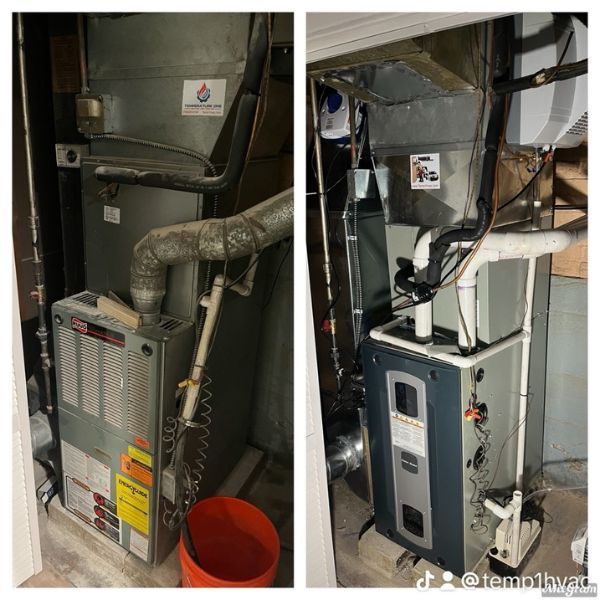Two views of HVAC furnaces in a utility room. One is older, the other newer, with various pipes and vents.