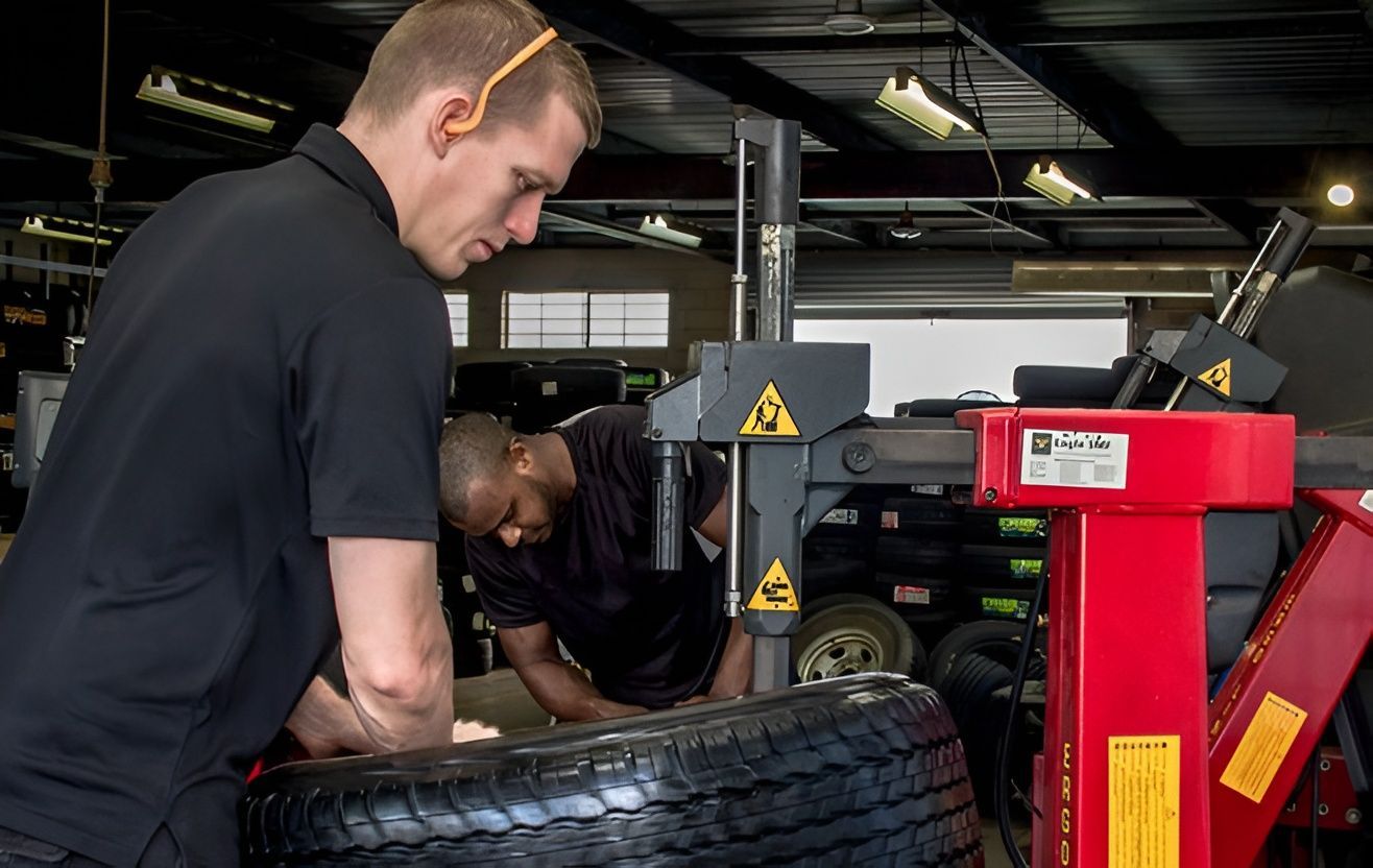 Two mechanics in a garage working on a tire. One is using a tire machine, other is assisting — Cairns Tyre Specialists In Cairns City, QLD