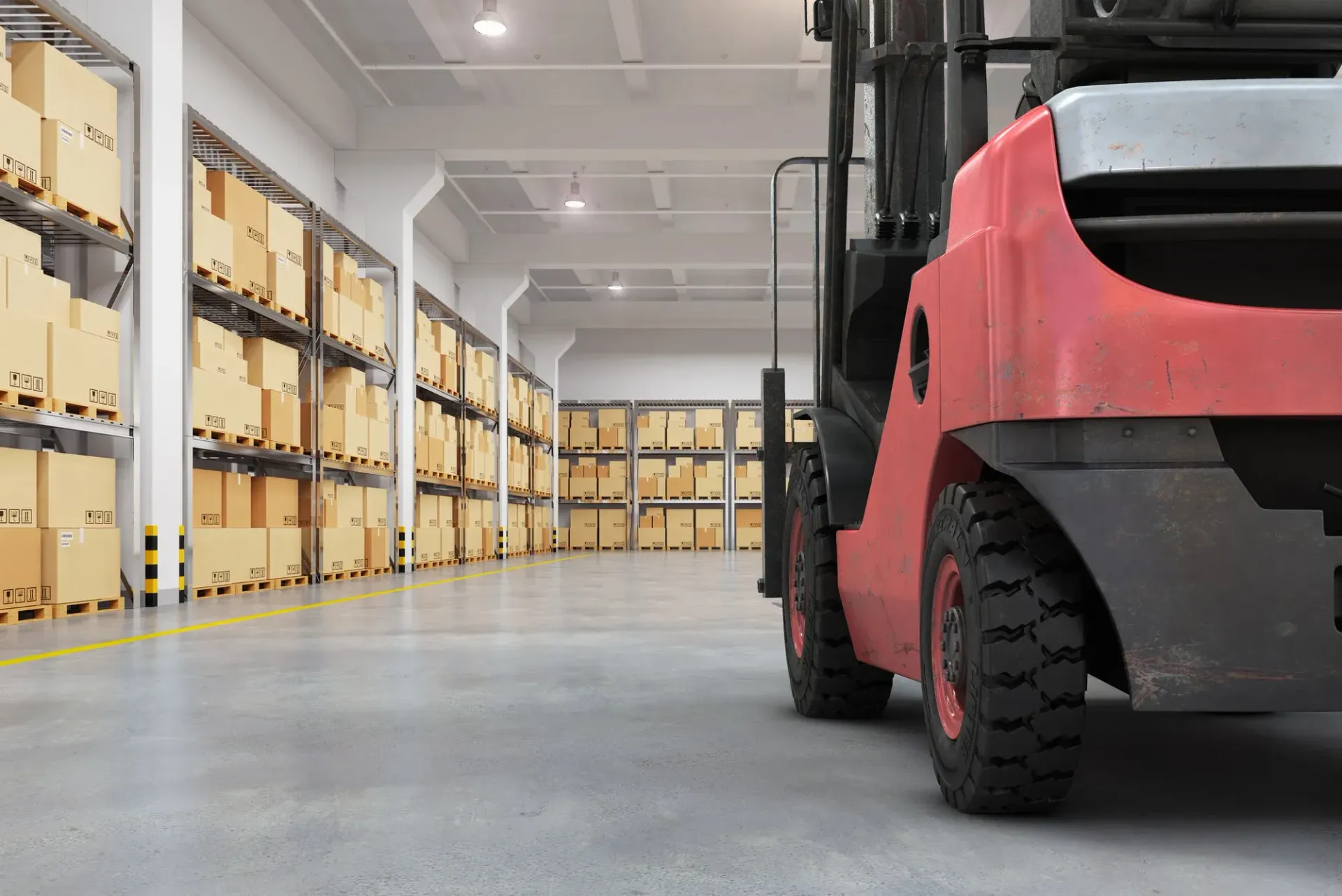 Red Forklift in Warehouse Aisle — Cairns Tyre Specialists In Cairns City, QLD