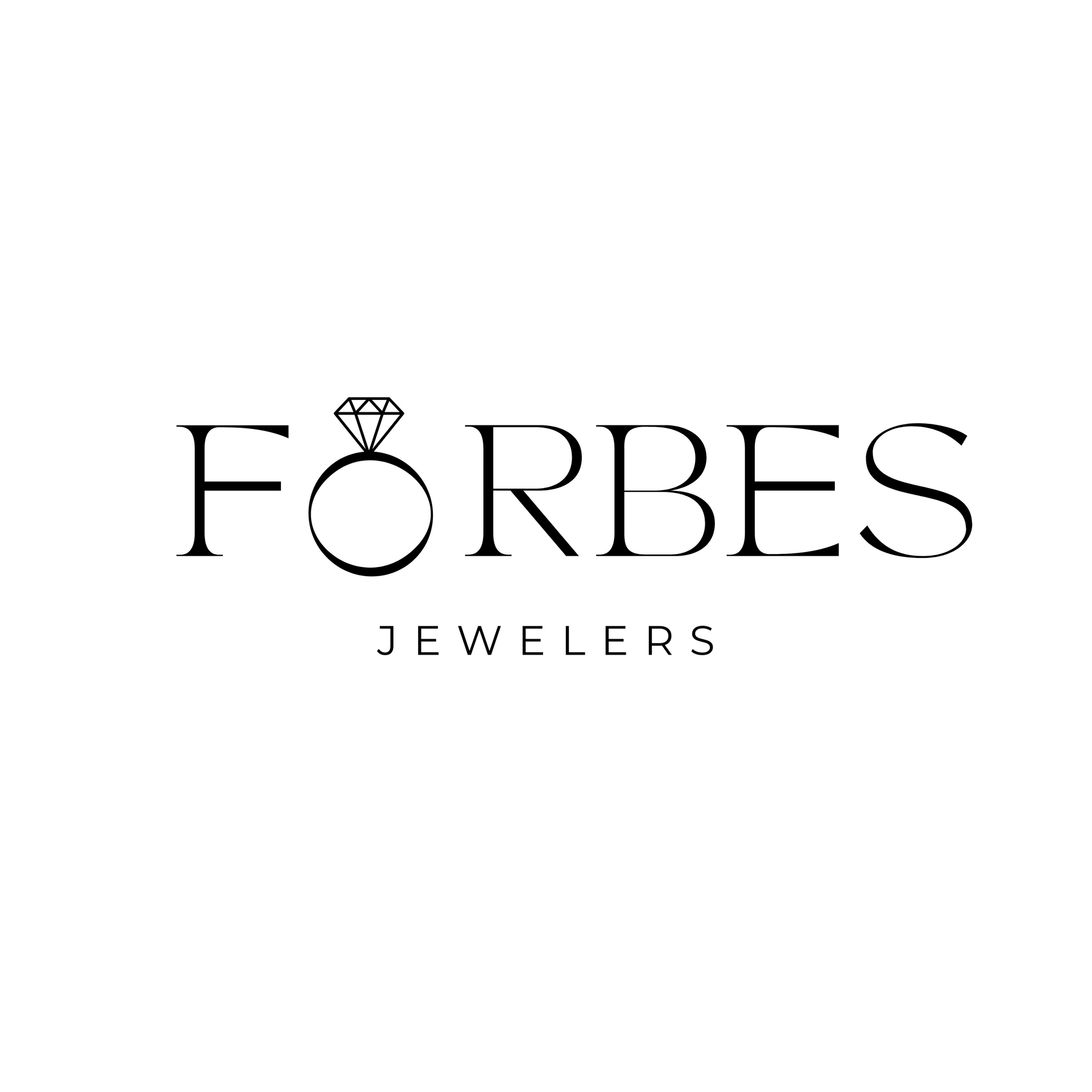 A black and white logo for forbes jewelers with a diamond in the middle.