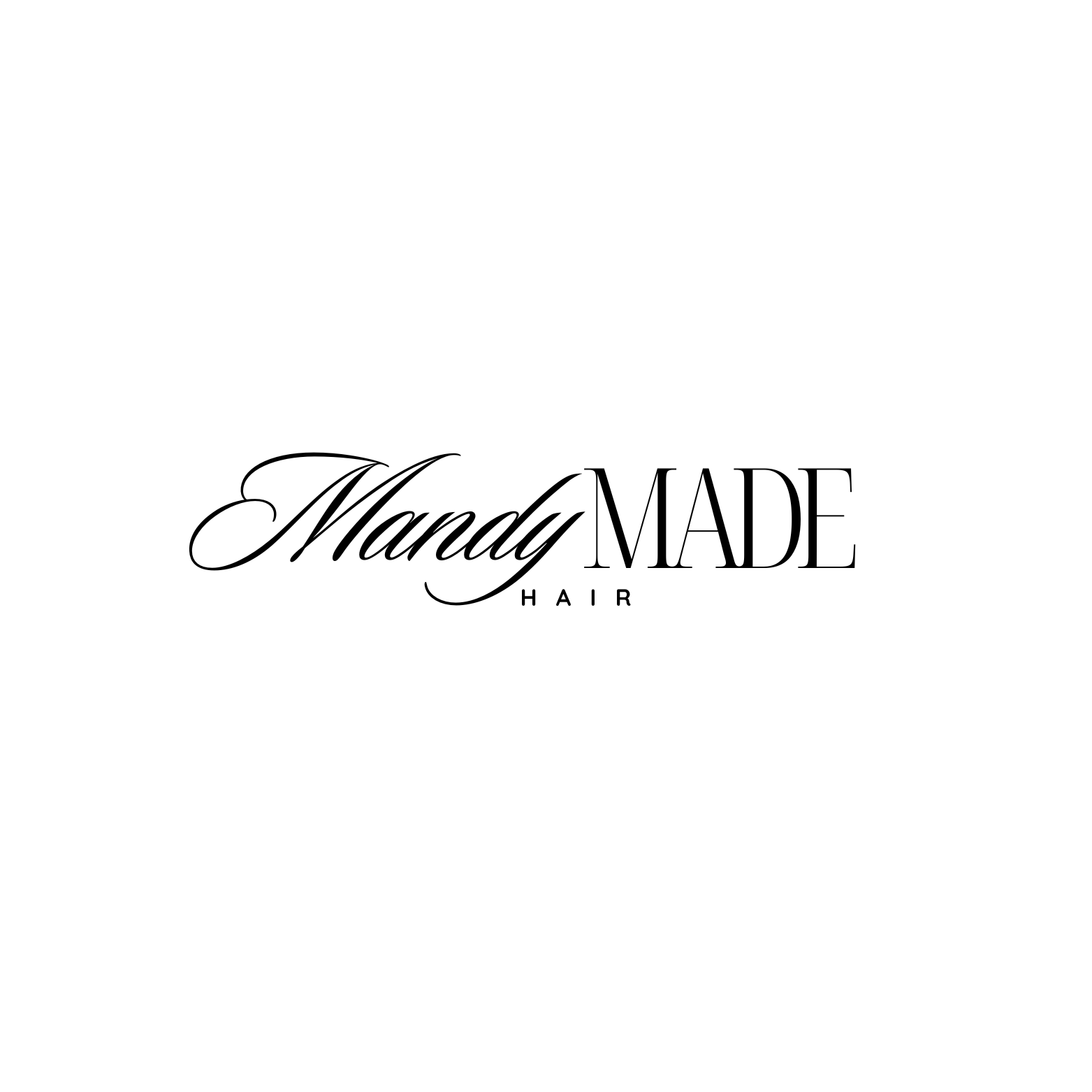 A black and white logo for mandy made hair on a white background.