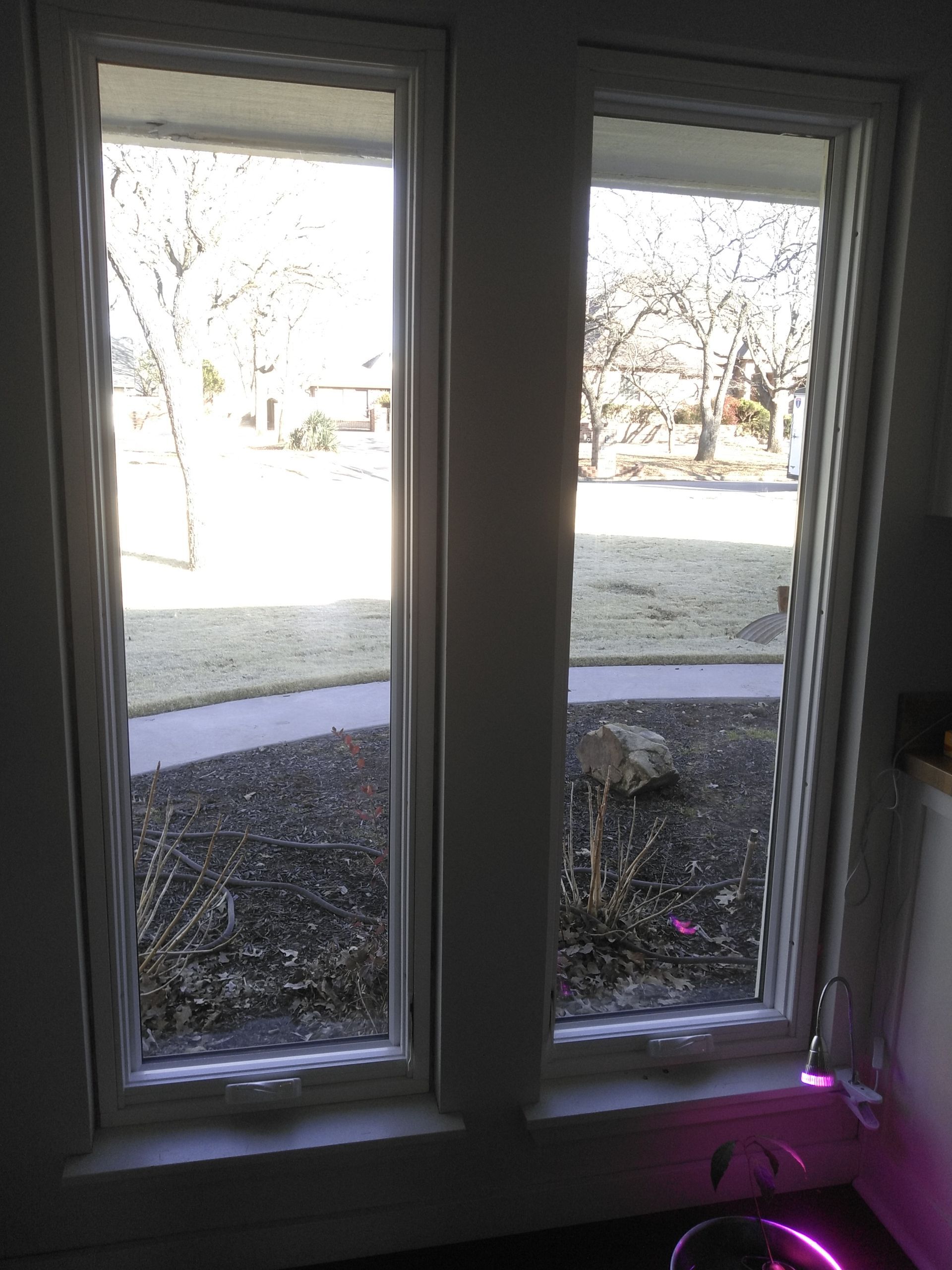 Two windows in a room with a view of a yard.