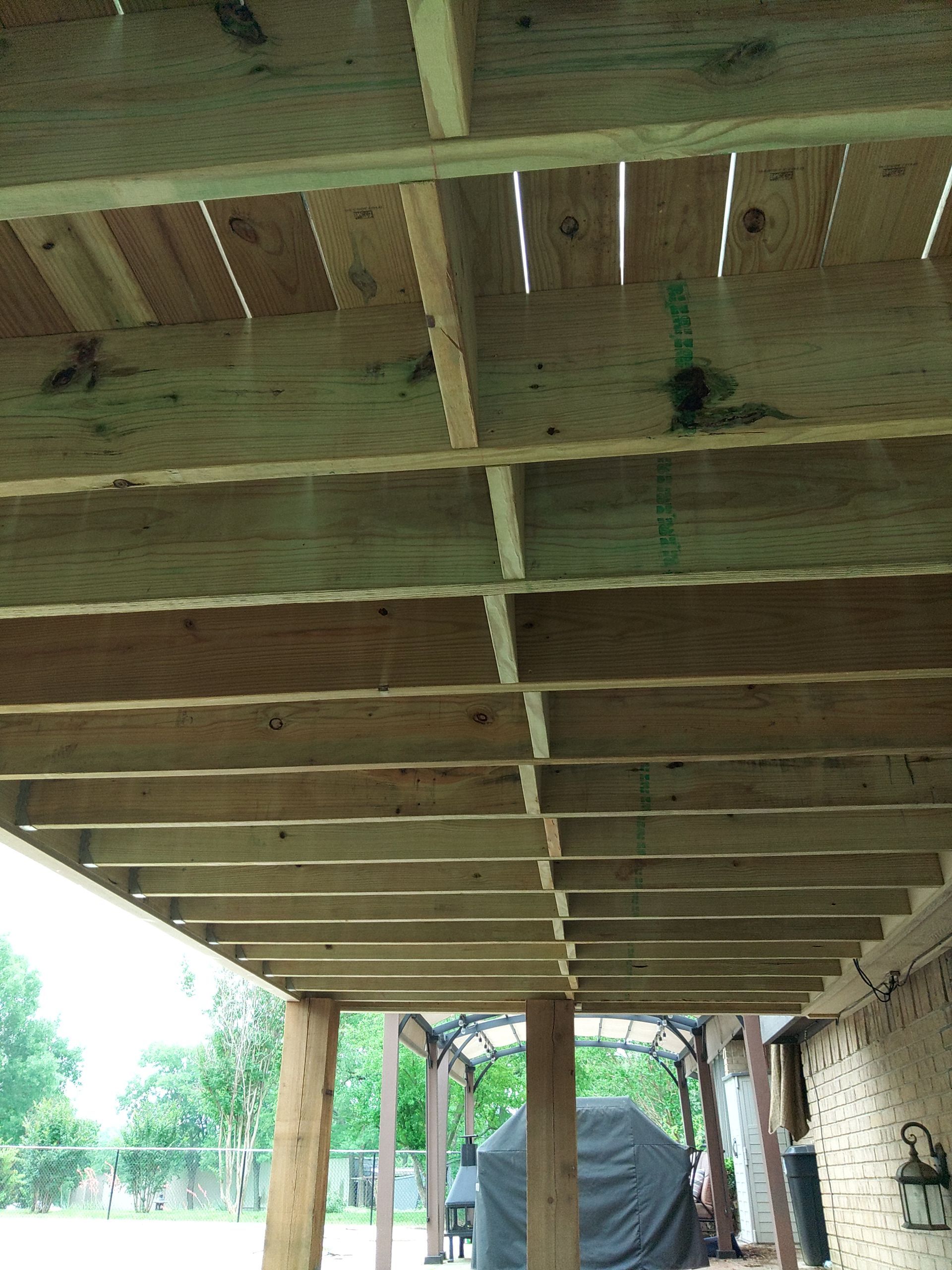 A wooden deck with a brick wall in the background