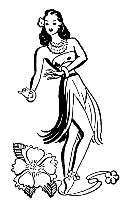 Black-and-white illustration of a dancing woman in a flowing dress with flowers at her feet.