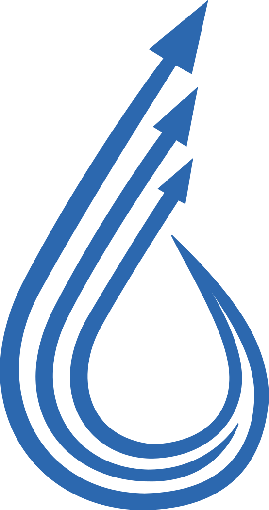 A blue and white logo with three arrows pointing up