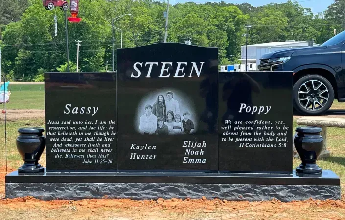 Black memorial monument with engraved dogs, “STEEN,” on a roadside grave marker outdoors