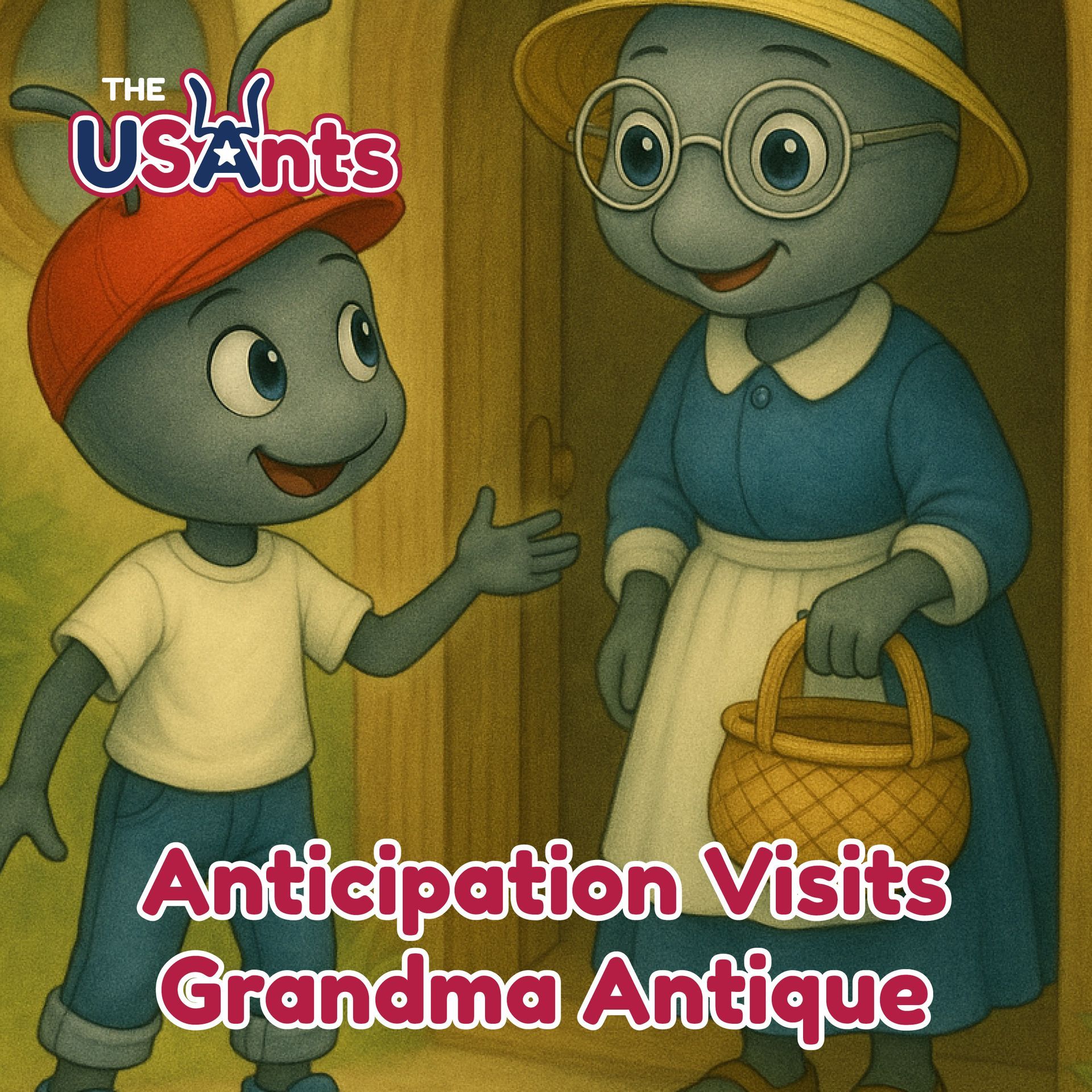Ant, in red cap, greets Grandma Antique, in blue dress and hat, at a doorway.