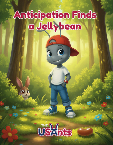 A cartoon ant in a red cap and blue jeans stands in a sunny forest near a rabbit and a jellybean. 