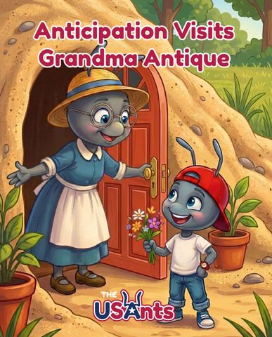 A cartoon ant in a red cap and blue jeans stands in a sunny forest near a rabbit and a jellybean. 