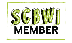 SCBWI Member badge, green and black text with a green border.