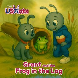 Two cartoon ants and a frog. One ant in a blue hoodie kneels near a log, looking at a frog inside. Another ant-dog sits beside them.